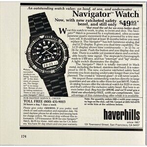 Haverhills Navigator Watch Great Value; on land sea underwater Vtg Print Ad 1986